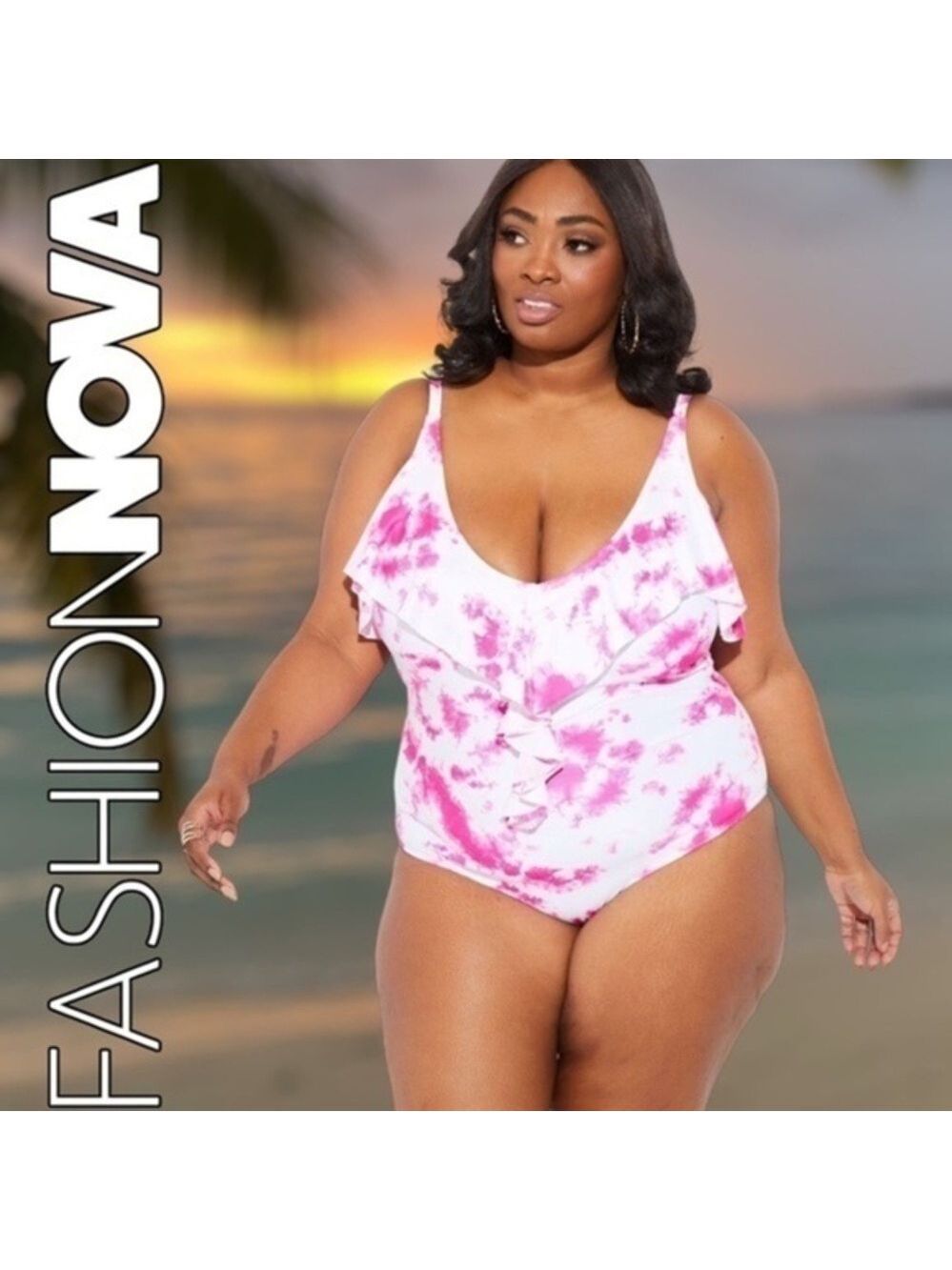 FASHION NOVA Plus Size Ruffled Pink-White Tie Dye One Piece Swimsuit Size 1X NWT